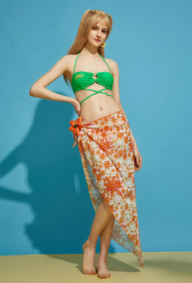 Officially Licensed Winx Club Women's Stella Costume Swimsuit | Bikini Sets Bathing Suit with Beach Gauze Skirt Swimsuit Green Orange - Women XL