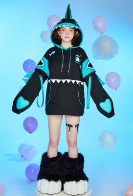 Micotaku Shark Hoodie Black and Blue Paw Hoodie Daily Wear - L/XL