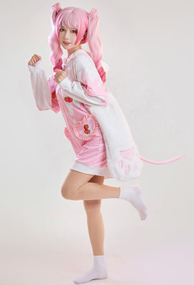 Strawberry Recipe Women Adult Strawberry Milk Print Hooded Onesie Dress Kigurumi Sleepwear with Furry Paw Gloves - Women S