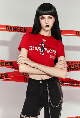 [Officially Licensed] Emily The Strange Micotaku World's Greatest Troublemaker Print T-Shirt Women Casual Red Daily Wear - Women XL