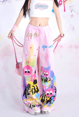 Graffiti Dream Women Y2K Style Pink Rainbow Print High Waist Wide-leg Pants for Summer - L