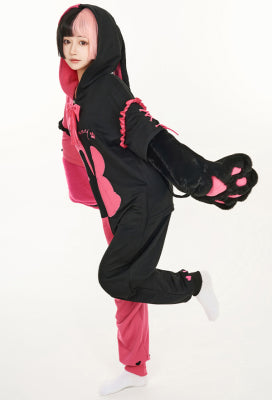 Cherry Bunny Women Sweet Black and Pink Heart Bunny Pattern Hooded Onesie Pajama with Furry Paw Bag - Women XL