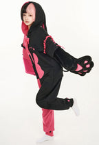 Cherry Bunny Women Sweet Black and Pink Heart Bunny Pattern Hooded Onesie Pajama with Furry Paw Bag - Women XL