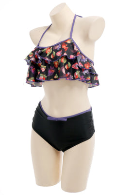 [Officially Licensed] Fresh Rose Women Dark Demon Black Halter Ruffles High Waisted Two Piece Swimsuit - Women M