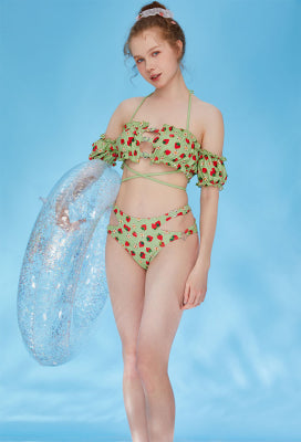 [Officially Licensed] Strawberry Shortcake × Micotaku Two-Piece Green Swimsuit Summer Outfit - Women S