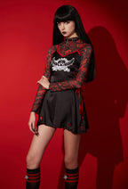 [Officially Licensed] Emily the Strange Halloween Costume Bat-shape Print Lace-Up Sling Dress Set - Women S