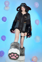 Micotaku Demon Sheep Hoodie Black Plush Paw Hoodie Daily Wear - L/XL