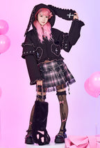 Bounce Bunny Black Pink Cross Print Pullover Hoodie with Detachable Furry Cat Paw Gloves - S/M