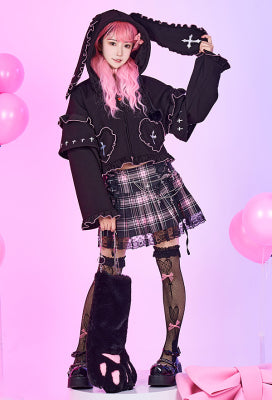 Bounce Bunny Black Pink Cross Print Pullover Hoodie with Detachable Furry Cat Paw Gloves - S/M