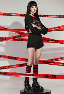 [Officially Licensed] Emily The Strange Micotaku Emily Strange Print Loungewear Set Women Comfy Long-Sleeve Homewear - Women XL