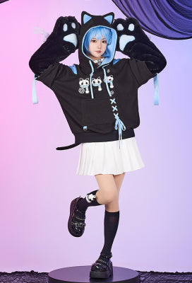 Snow Down Blue Black Skull Cat Print Pullover Hoodie with Detachable Furry Cat Paw Gloves - S/M