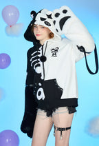 Micotaku Skeleton Bear Hoodie Black and White Furry Paw Hoodie Daily Wear - S/M