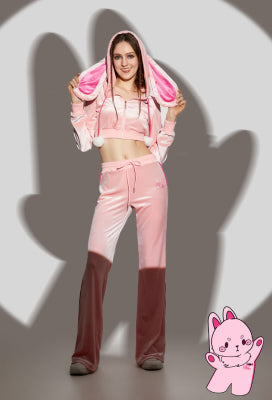 Micotaku Sports Tracksuit Set Pink Bunny Hooded Top and Pants with Pom-pom Accessories - Women L