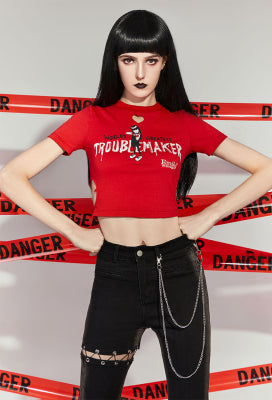 [Officially Licensed] Emily The Strange Micotaku World's Greatest Troublemaker Print T-Shirt Women Casual Red Daily Wear - Women L