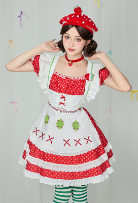 [Officially Licensed] Strawberry Shortcake × Micotaku Women Dress Set with Beret and Apron Strawberry Shortcake Cosplay Costume - Women S