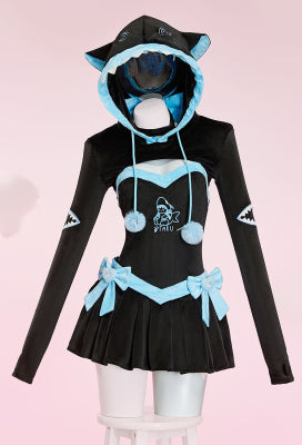 Micotaku Shark Hoodie Dress with Removable Bows & Embroidered Details - Women M