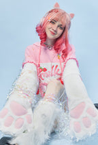 Sweet Flavor Cartoon Graphic Cat Furry Pullover Hoodie Cute Style Pink Strawberry Milk Hoodie with Plush Cat Paw Gloves - L/XL