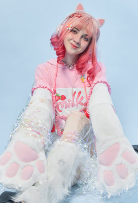 Sweet Flavor Cartoon Graphic Cat Furry Pullover Hoodie Cute Style Pink Strawberry Milk Hoodie with Plush Cat Paw Gloves - L/XL