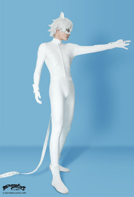 Officially Licensed Miraculous Cat Blanc Cosplay Costume | White Elastic Leather Jumpsuit for Halloween Costume - M