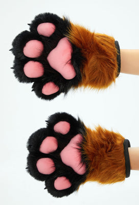 Micotaku Plush Furry Paw Gloves Fursuit Accessory Brown and Black Kitten Paws - One Size