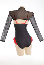 [Officially Licensed] Emily the Strange Black Fantasy One-Piece Swimsuit Print Lace-up Ruffled Bathing Suit With Mesh Shrug Cover Up - Women M