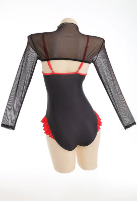 [Officially Licensed] Emily the Strange Black Fantasy One-Piece Swimsuit Print Lace-up Ruffled Bathing Suit With Mesh Shrug Cover Up - Women M