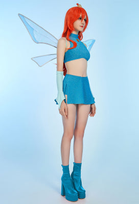 Officially Licensed Winx Club Bloom Cosplay Halloween Fairy Costume | Blue Tops and Skirt with Fairy Wings - Women XXL