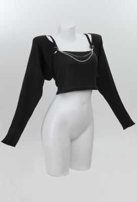 Micotaku Women Black Long Sleeve Crop Knit Cardigan with Chain - Women M