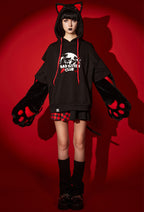 [Officially Licensed] Emily the Strange Halloween Costume Black Bad Kitten Club Print Cat Pullover Hoodie with Furry Paw Gloves - L/XL