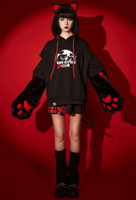 [Officially Licensed] Emily the Strange Halloween Costume Black Bad Kitten Club Print Cat Pullover Hoodie with Furry Paw Gloves - L/XL