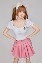 Micotaku White Cherry Puff-Sleeve Crop Top Casual Daily Wear - Women S