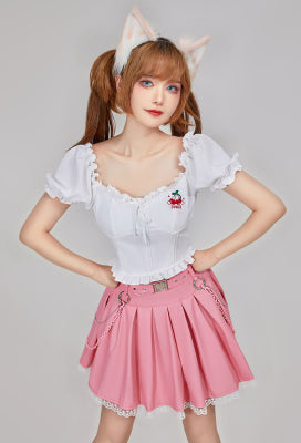 Micotaku White Cherry Puff-Sleeve Crop Top Casual Daily Wear - Women S
