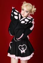Micotaku Heart Kitty Black and Pink Paw Hoodie Dress Set with Bows Daily Wear - Women XL