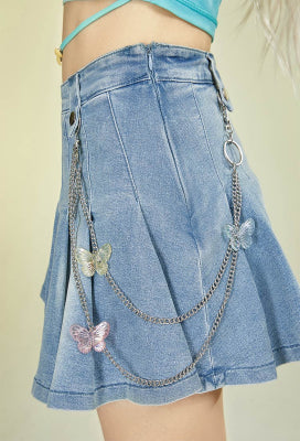 Officially Licensed Winx Club Mini Skirt Y2K High Waist Blue Denim Casual Fitted Pleated Skirt - Women M