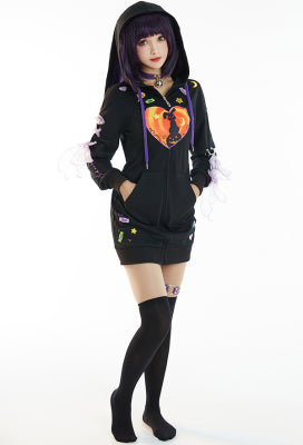 Lollipop Bunny Women Black Purple Bunny Print Hooded Onesie Pajama Dress Kawaii Sleepwear for Adults - Women S