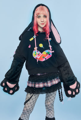Candy Bunny Cartoon Graphic Bunny Ear Hoodie Cute Style Black and Pink Pullover Hoodie with Furry Cat Paw Gloves - S/M