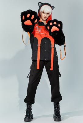 Cyberpunk Kitten Strap Decorated Hooded Jacket and Detachable Skirt Set with Furry Cat Paw Bag - L/XL