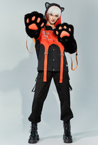 Cyberpunk Kitten Strap Decorated Hooded Jacket and Detachable Skirt Set with Furry Cat Paw Bag - L/XL