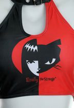 [Officially Licensed] Emily the Strange Phantom Kitty Two-Piece Swimsuit Print Black Red Halter Top and High Waist Bottom - Women XL