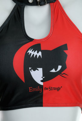 [Officially Licensed] Emily the Strange Phantom Kitty Two-Piece Swimsuit Print Black Red Halter Top and High Waist Bottom - Women XL