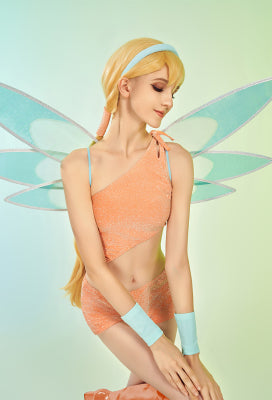 Officially Licensed Winx Club Stella Cosplay Halloween Fairy Costume | Orange Tops & Skirt with Fairy Wings - Women L