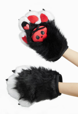 Micotaku Plush Furry Paw Gloves Fursuit Accessory Black and Red Canine Paw Gloves - One Size
