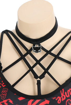 [Officially Licensed] Emily the Strange Shadow Chic Two-Piece Swimsuit Print Halter Pentagram Top and Lace-up Bottom - Women XL