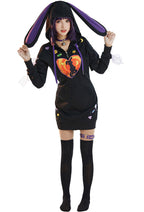 Lollipop Bunny Women Black Purple Bunny Print Hooded Onesie Pajama Dress Kawaii Sleepwear for Adults - Women XXL
