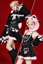 Micotaku Heart Kitty Black and Pink Paw Hoodie Dress Set with Bows Daily Wear - Women L