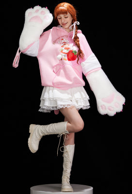 [Officially Licensed] Strawberry Shortcake x Micotaku Strawberry Marshmallow Furry Paw Hoodie - L/XL