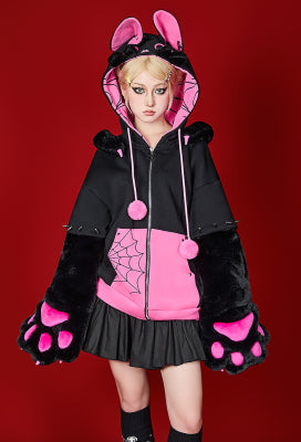 Micotaku Spider-Kitten Hoodie Black and Pink Furry Paw Hoodie Daily Wear - L/XL