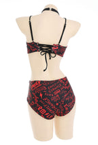 [Officially Licensed] Emily the Strange Shadow Chic Two-Piece Swimsuit Print Halter Pentagram Top and Lace-up Bottom - Women L