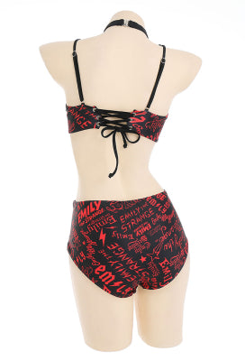 [Officially Licensed] Emily the Strange Shadow Chic Two-Piece Swimsuit Print Halter Pentagram Top and Lace-up Bottom - Women L