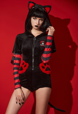 [Officially Licensed] Emily the Strange Striped Sleeves Paw Bags Zipper Cat Halloween Romper Pajama - Women M